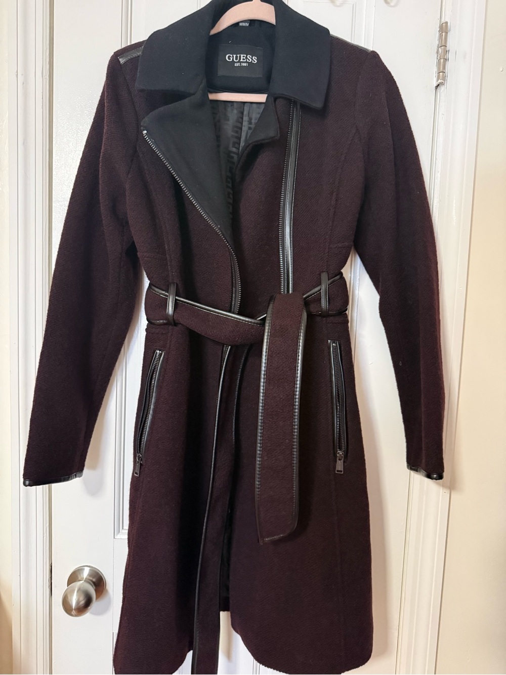 GUESS Burgundy Belted Trench Coat with Black Trim
